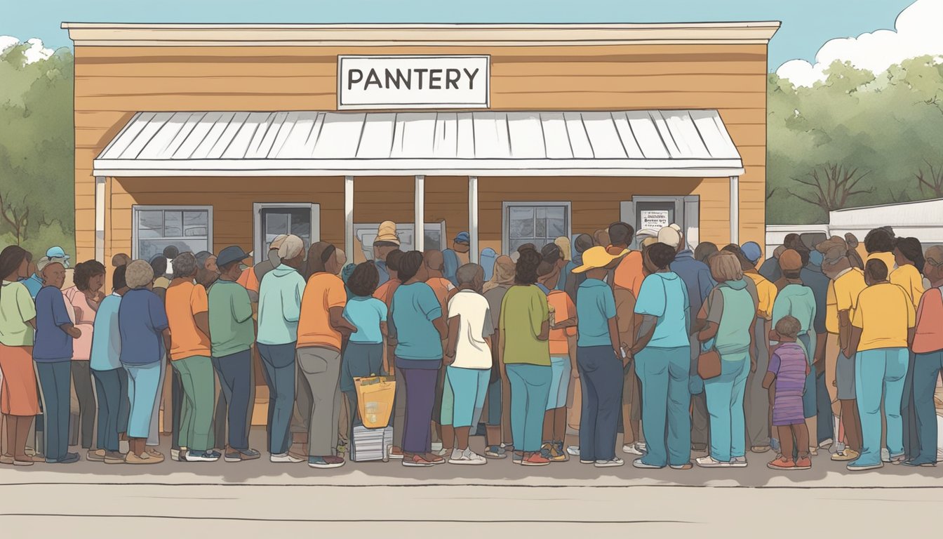 People lining up outside a food pantry in Brooks County, Texas, receiving free groceries and government assistance