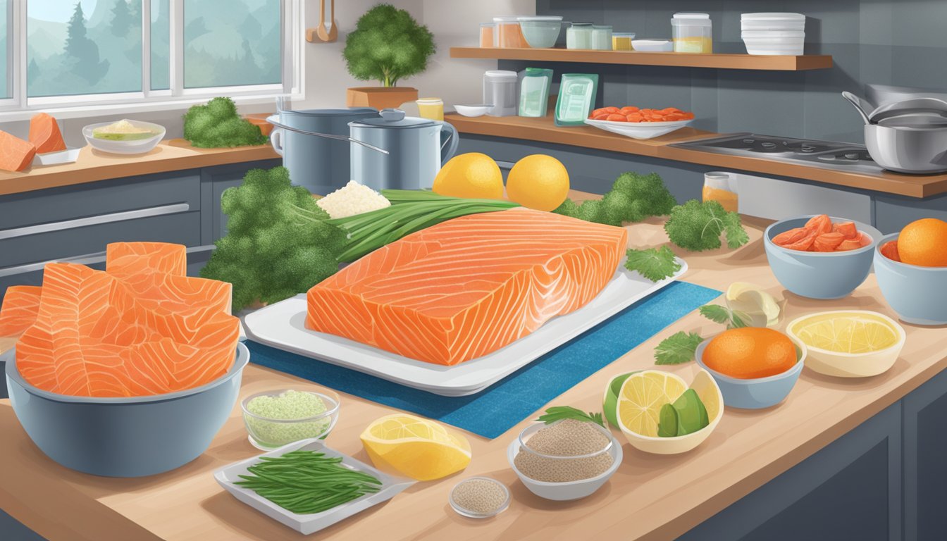 A comparison of fresh and frozen salmon on a kitchen counter, with a shelf displaying various cooking ingredients in the background