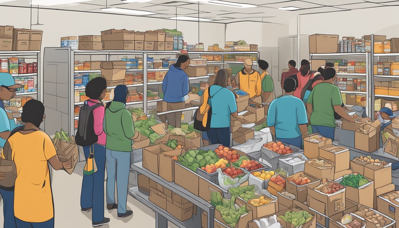 A bustling food pantry in Baylor County, Texas, with volunteers distributing free groceries to those in need