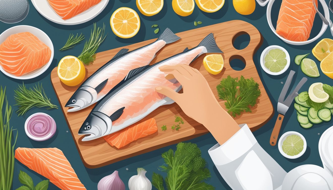 A chef comparing fresh and frozen salmon on a cutting board, surrounded by various ingredients and cooking utensils