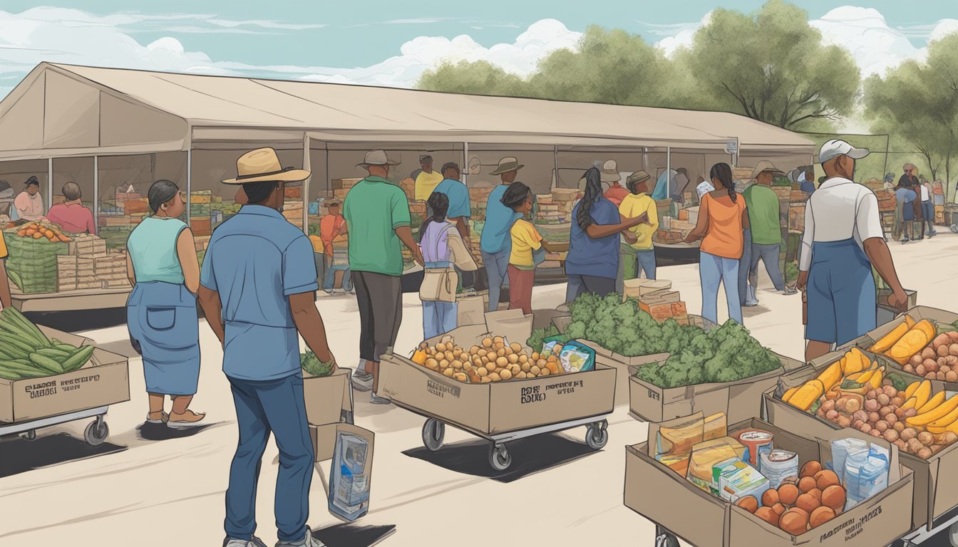 People receiving free groceries and food at a distribution program in Brewster County, Texas