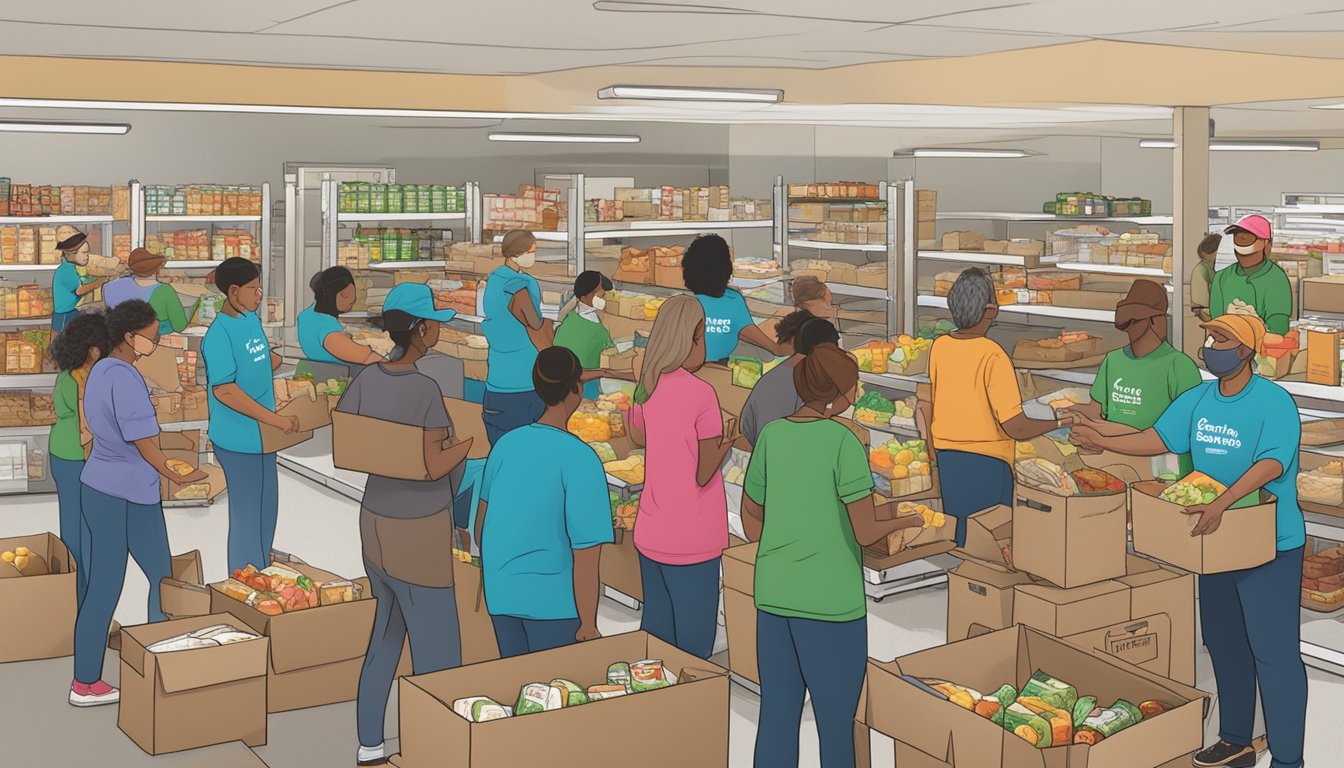 A bustling food pantry in Baylor County, Texas, with volunteers distributing free groceries to those in need