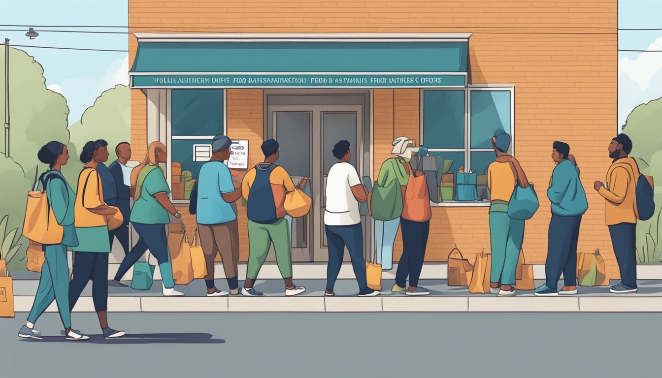 A line of people waits outside a small building with a sign reading "Food Assistance." Volunteers hand out bags of groceries to those in need