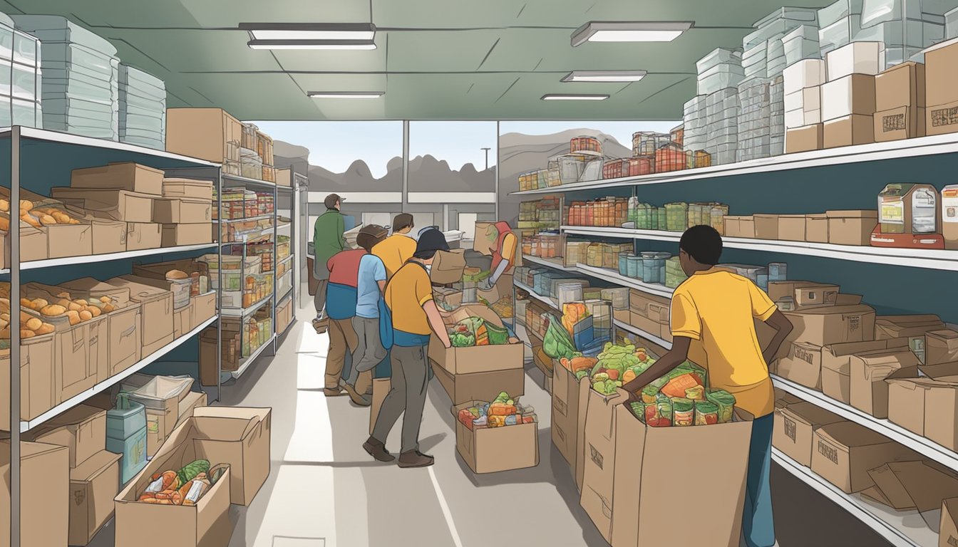 A bustling food pantry in Brewster County, Texas, with volunteers distributing free groceries to those in need