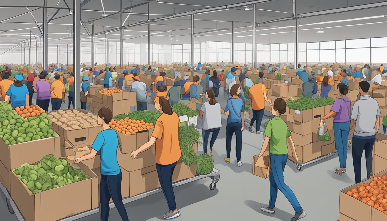 A bustling food distribution center in Brooks County, Texas, with volunteers handing out free groceries to those in need