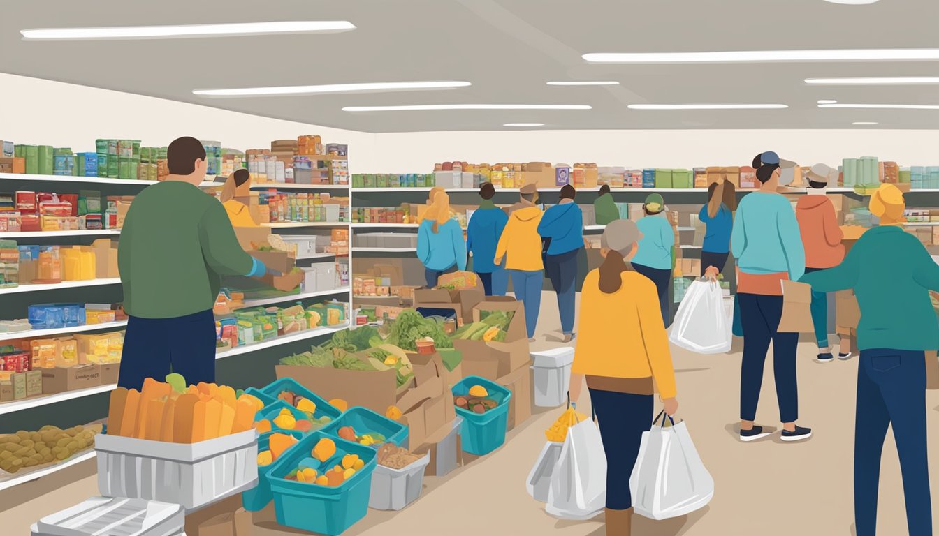 A bustling food pantry in Brewster County, Texas, with volunteers distributing free groceries to those in need