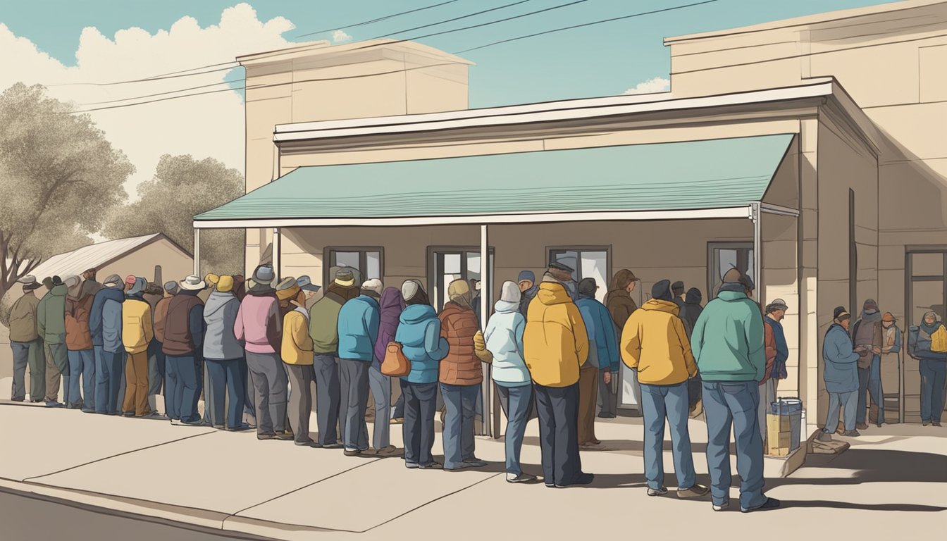 People waiting in line outside a food pantry in Brewster County, Texas. The pantry is stocked with shelves of free groceries and food items for those in need