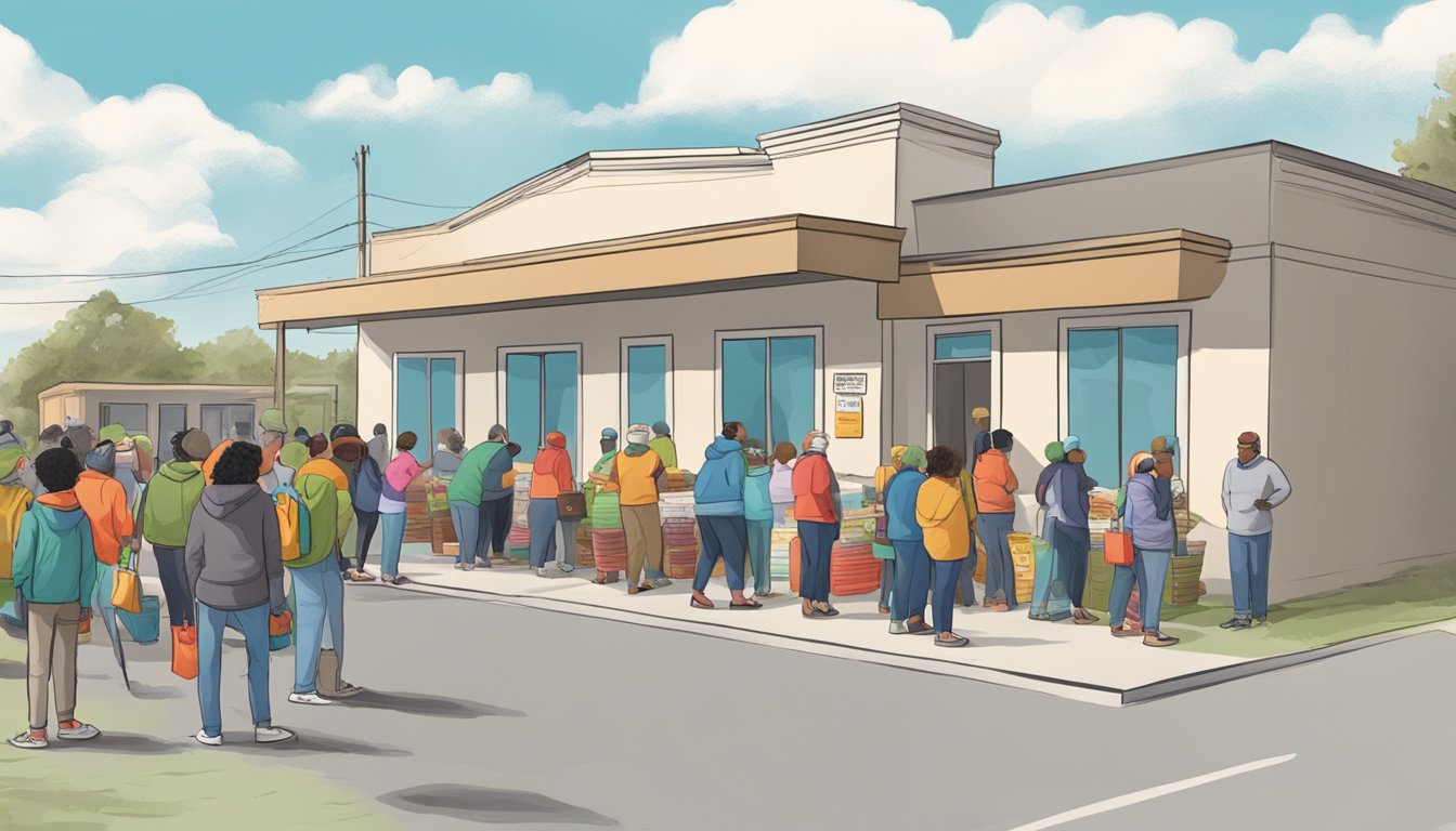 A line of people waiting outside a food pantry in Brooks County, Texas, with volunteers handing out free groceries and support resources