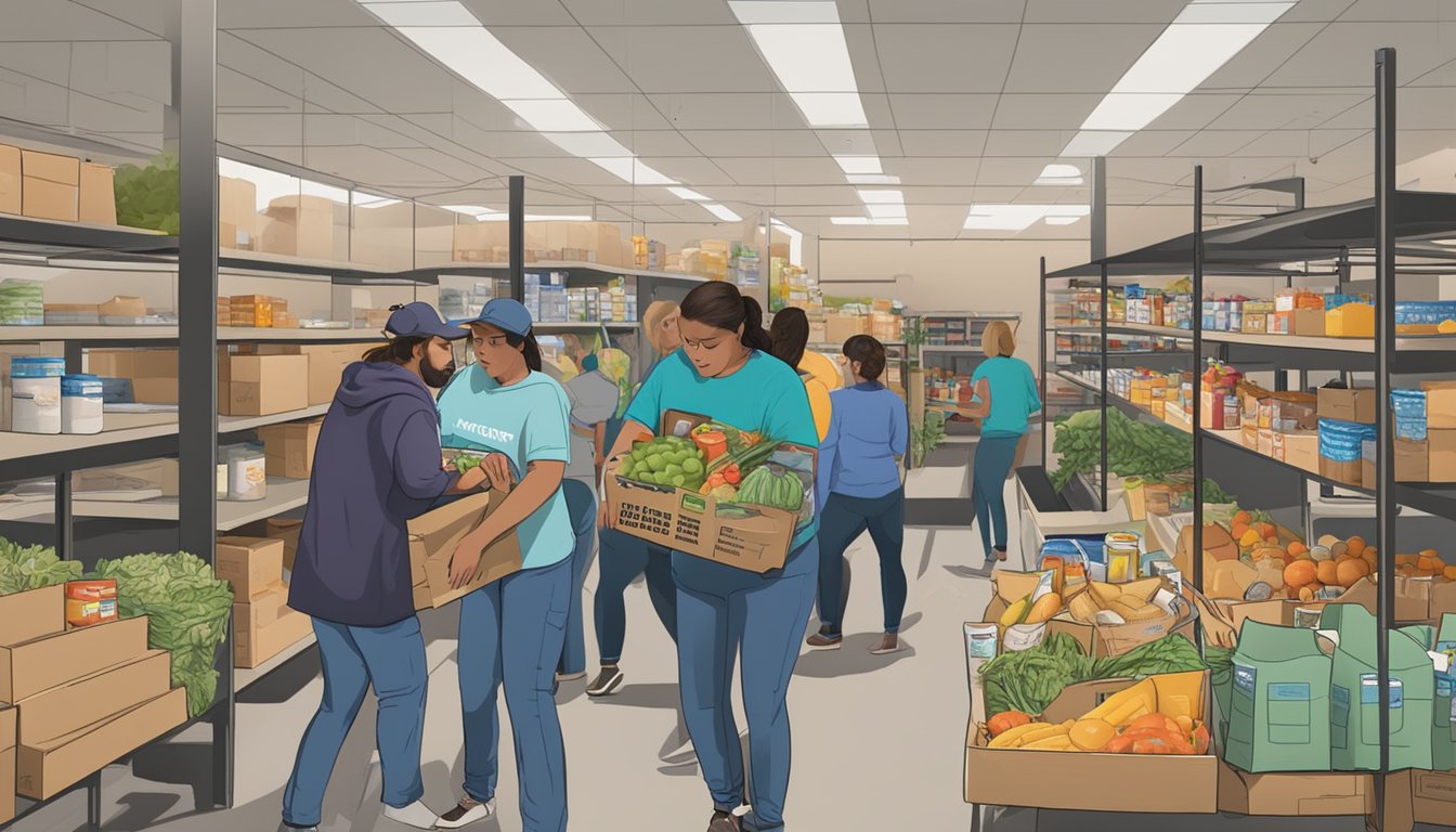 A bustling food pantry in Brewster County, Texas, with volunteers distributing free groceries to those in need amidst the changes in food aid services due to COVID-19