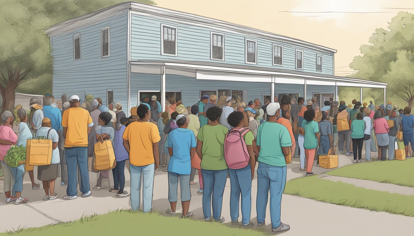 A line of people waiting outside a food pantry in Brooks County, Texas, as volunteers distribute free groceries during a public health crisis