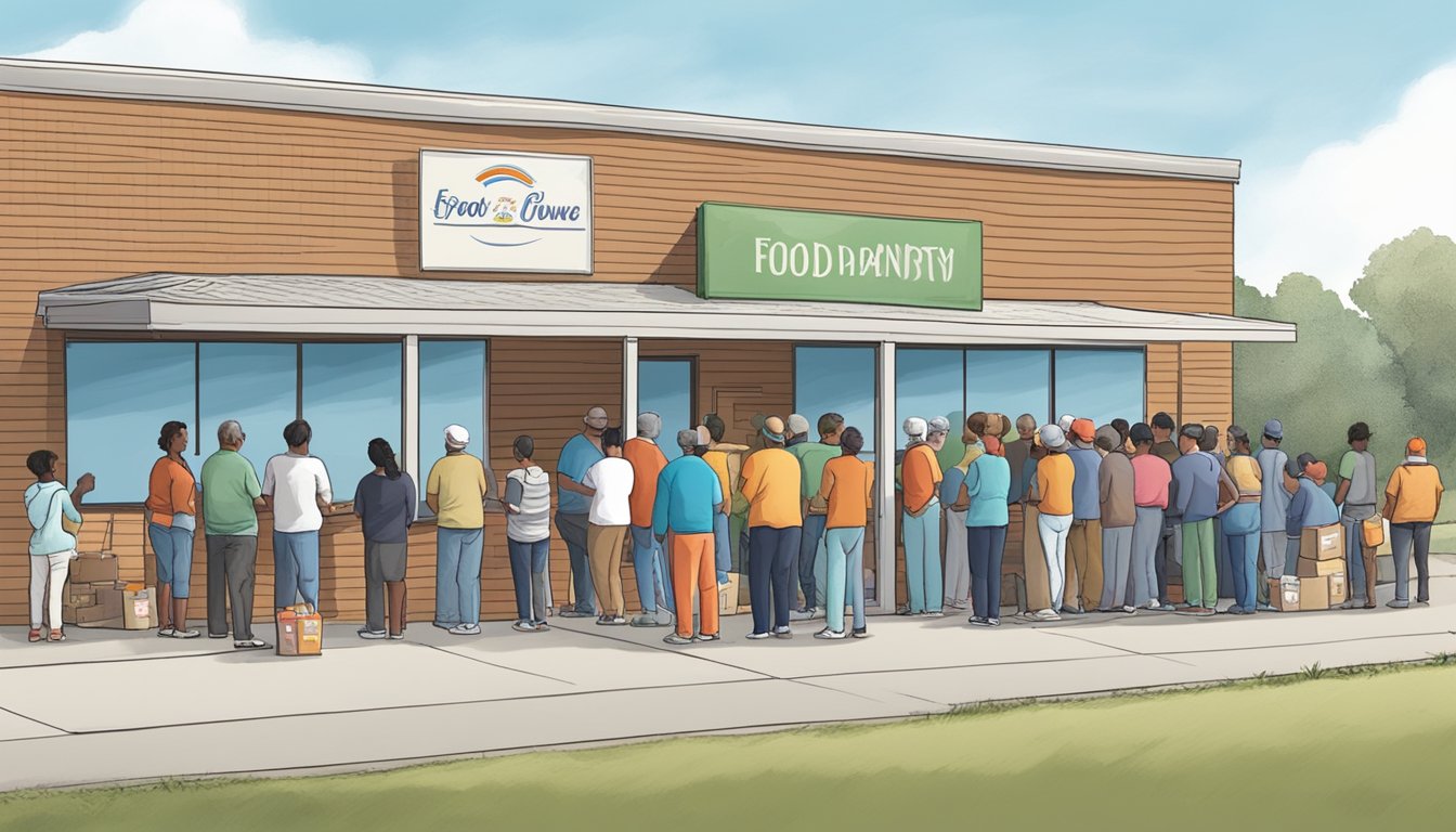 A line of people waits outside a small food pantry in Bowie County, Texas, as volunteers distribute free groceries to those in need