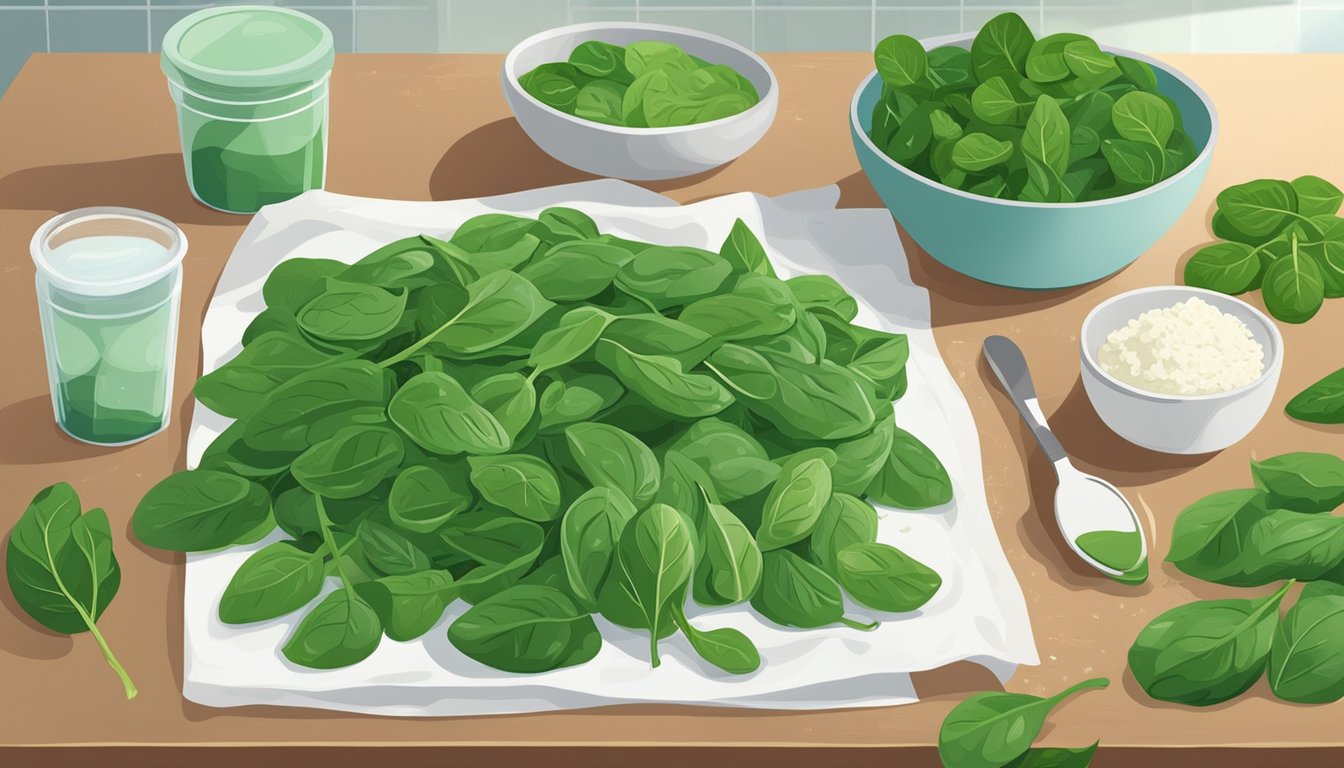 Fresh spinach leaves being washed and chopped, while a bag of frozen spinach sits nearby. Ingredients for spanakopita are laid out on a kitchen counter