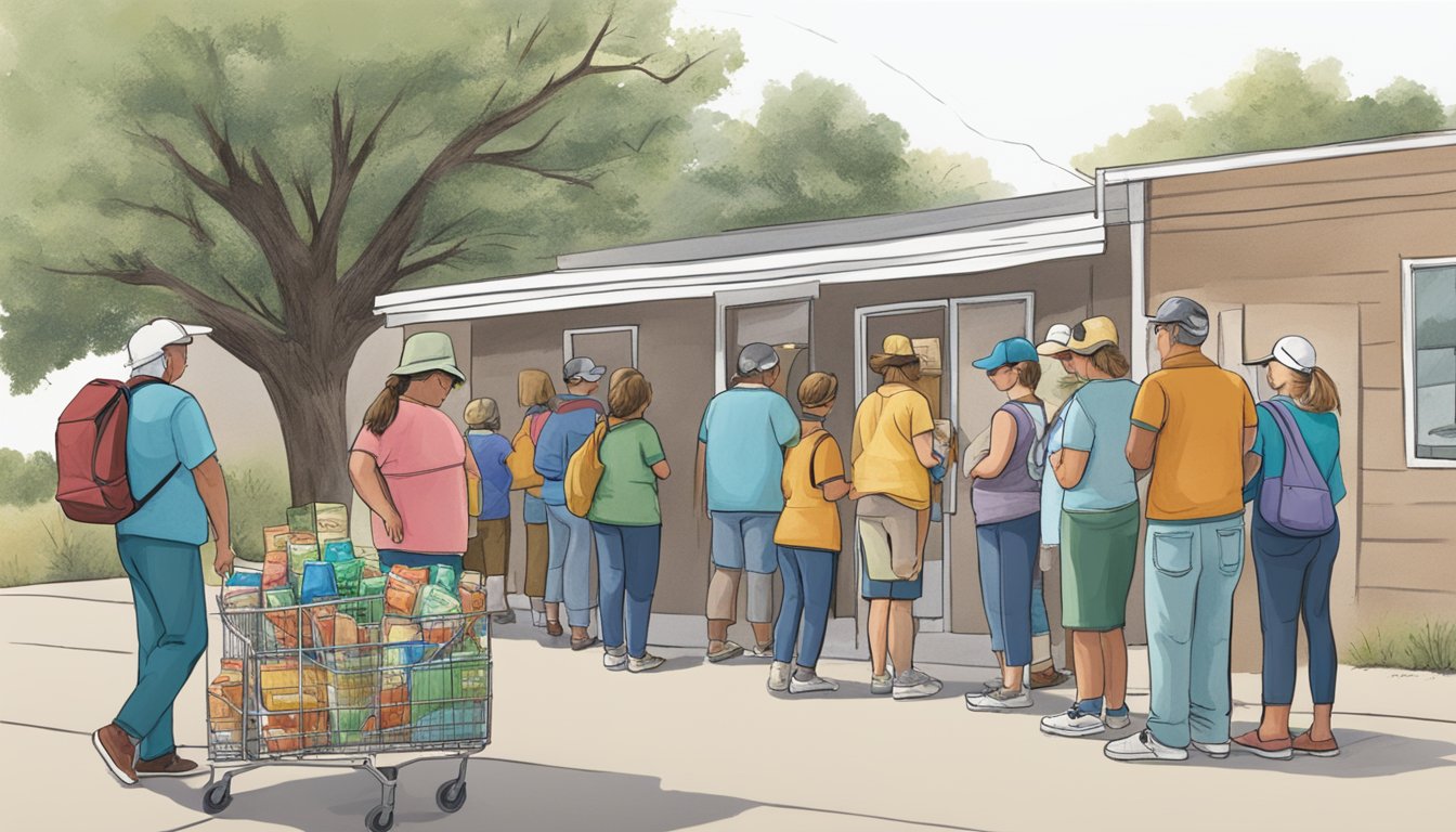 A line of people waits outside a food pantry in Brown County, Texas. Volunteers hand out bags of groceries to those in need