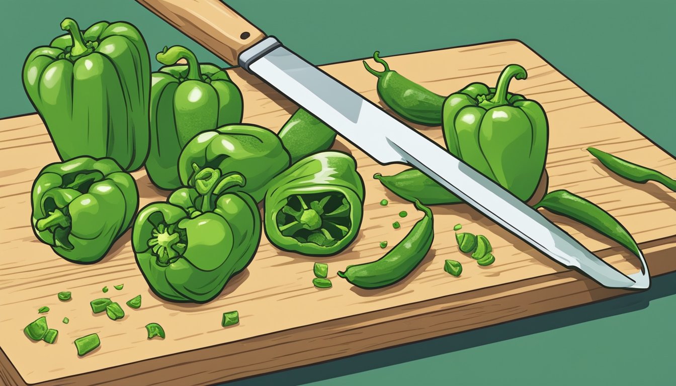 Fresh green peppers being sliced with a knife, while frozen green peppers are being crushed with a mallet. The fresh peppers emit a crisp sound, while the frozen peppers make a dull thud