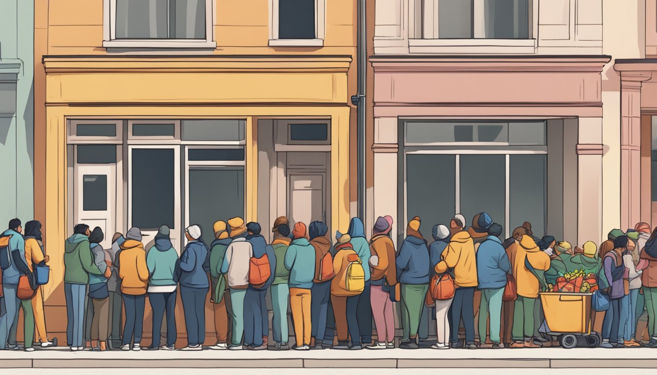 A line of people wait outside a small building, where volunteers hand out bags of free groceries and food to those in need