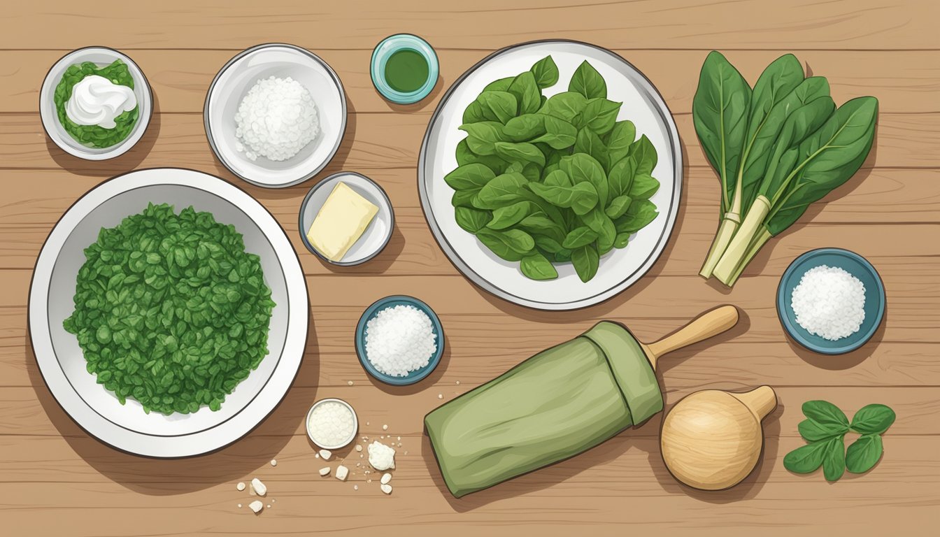 A table with ingredients for spanakopita, including fresh and frozen spinach, a mixing bowl, and a rolling pin