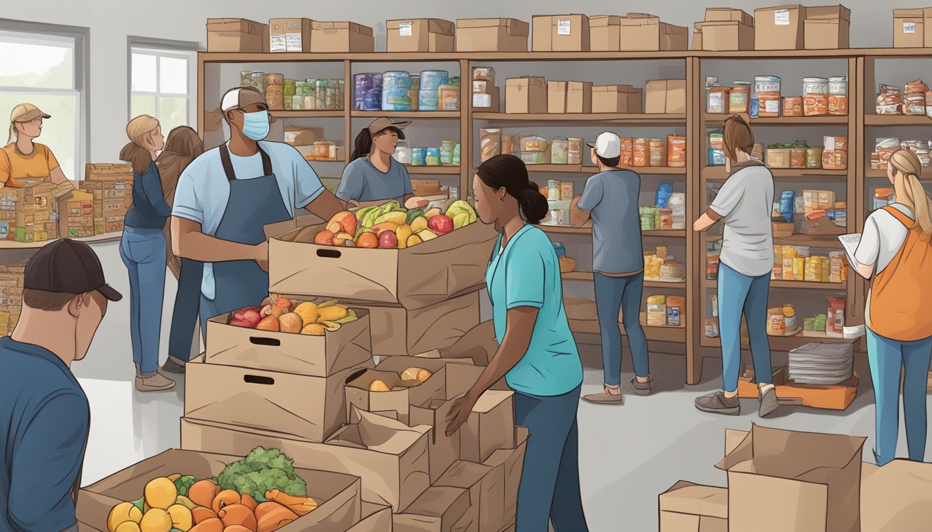 A bustling food pantry in Brown County, Texas, with volunteers distributing free groceries to those in need