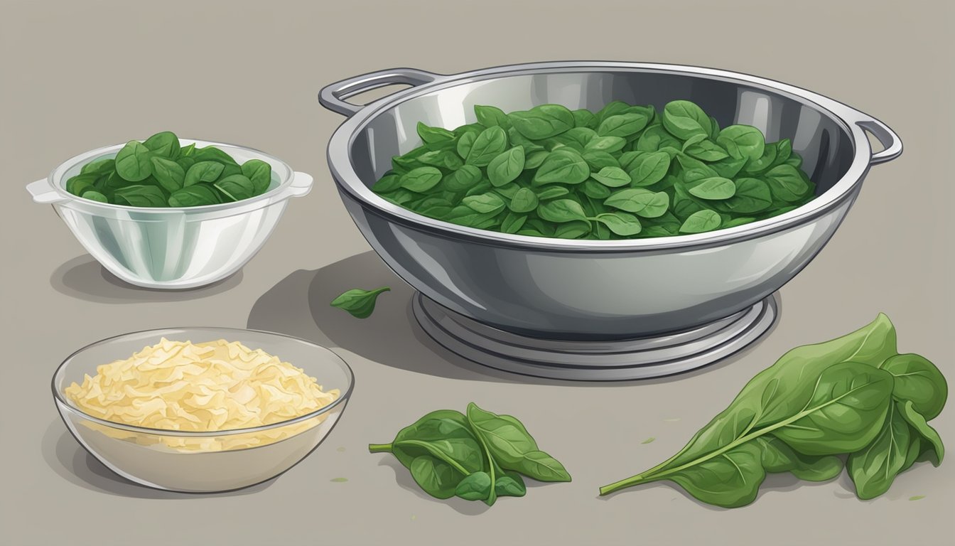 A table with fresh and frozen spinach, a mixing bowl, and phyllo dough for crafting spanakopita