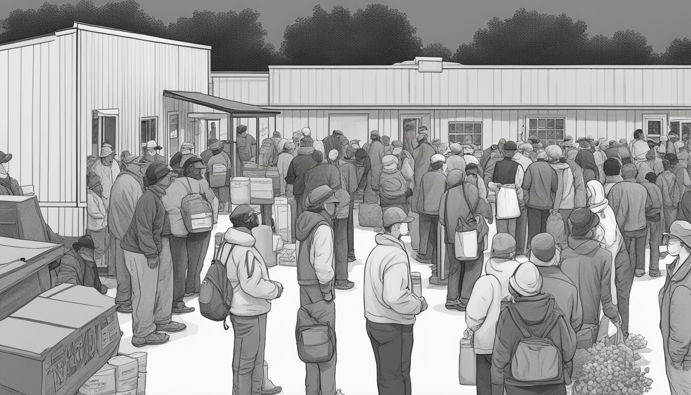 A line of people waits outside a food pantry in Bowie County, Texas. Volunteers distribute free groceries to those in need