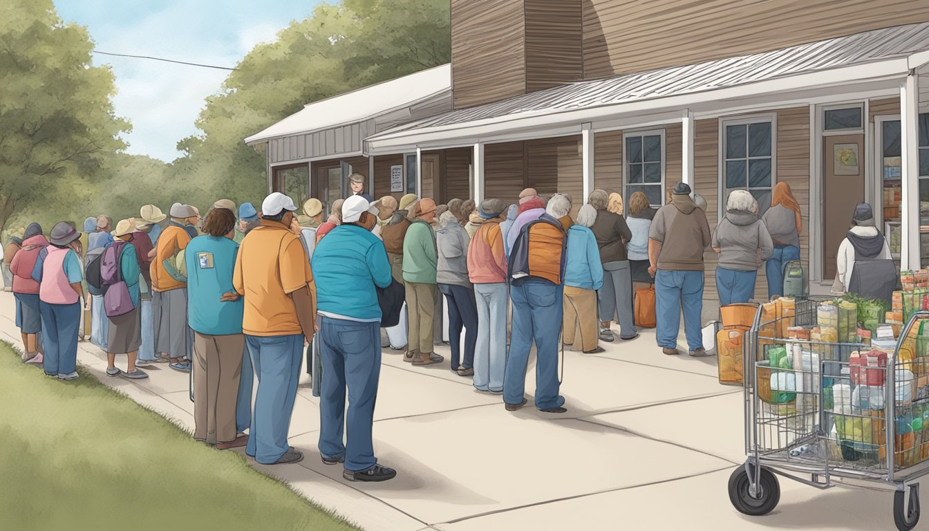 A line of people wait outside a brown county Texas food pantry, with volunteers assisting with eligibility checks and application processing