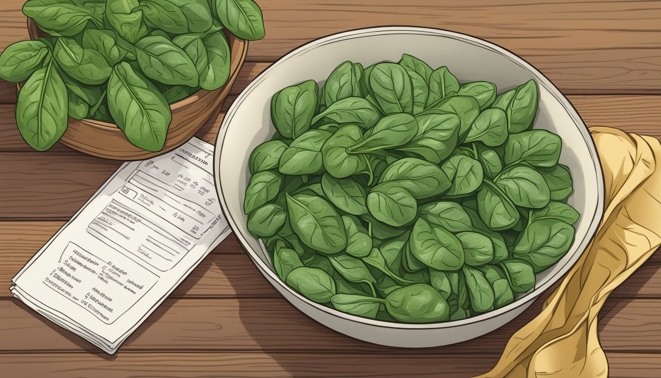 A bowl of fresh spinach next to a bag of frozen spinach, with a reheating instruction sheet and a freshly baked spanakopita on a wooden table