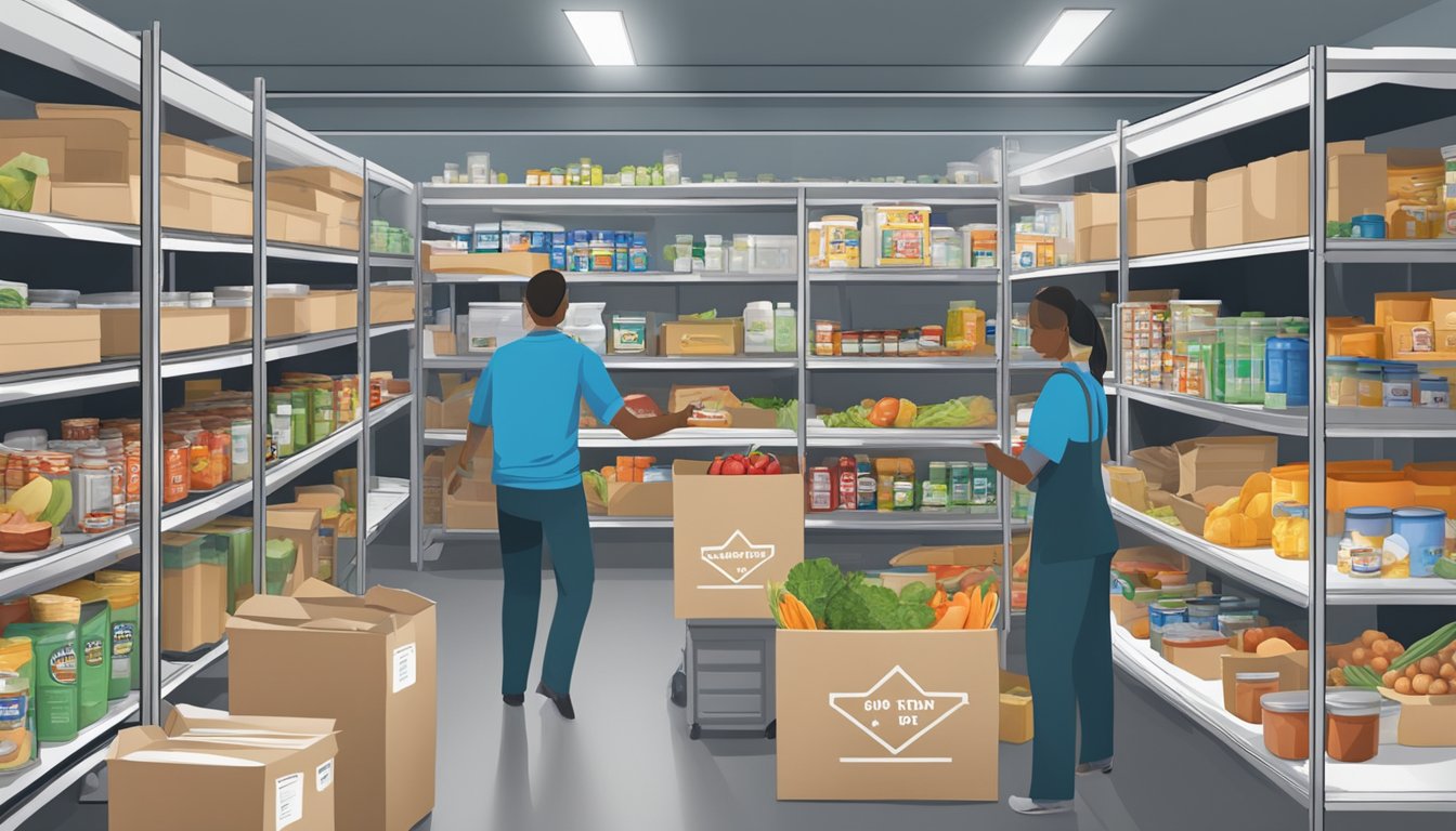 A bustling food pantry in Bowie County, Texas, with shelves stocked full of nutritious groceries and volunteers assisting those in need