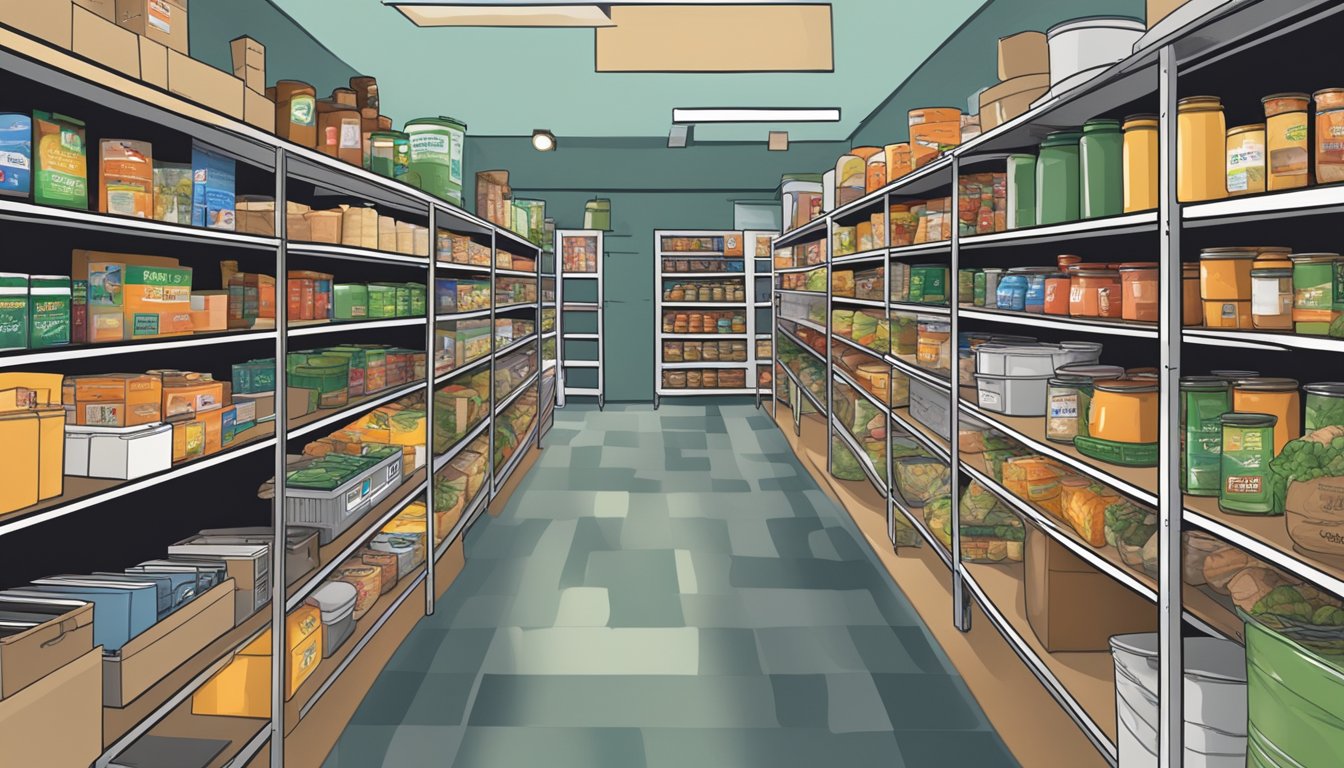 A bustling food pantry in Brown County, Texas, with shelves stocked full of groceries, open for service during regular operating hours