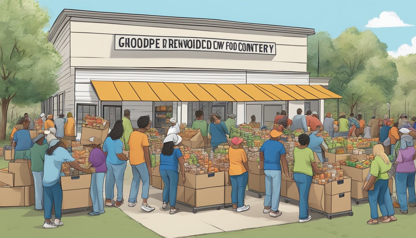 A bustling food pantry in Bowie County, Texas, with volunteers distributing free groceries to those in need