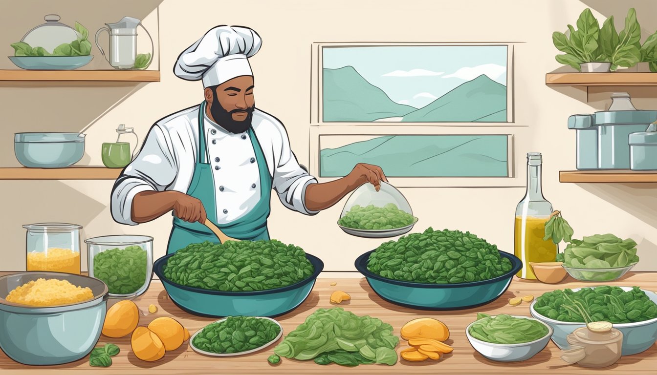 A chef carefully selects and compares fresh and frozen spinach, surrounded by various ingredients and utensils, while crafting the perfect Greek spanakopita pie