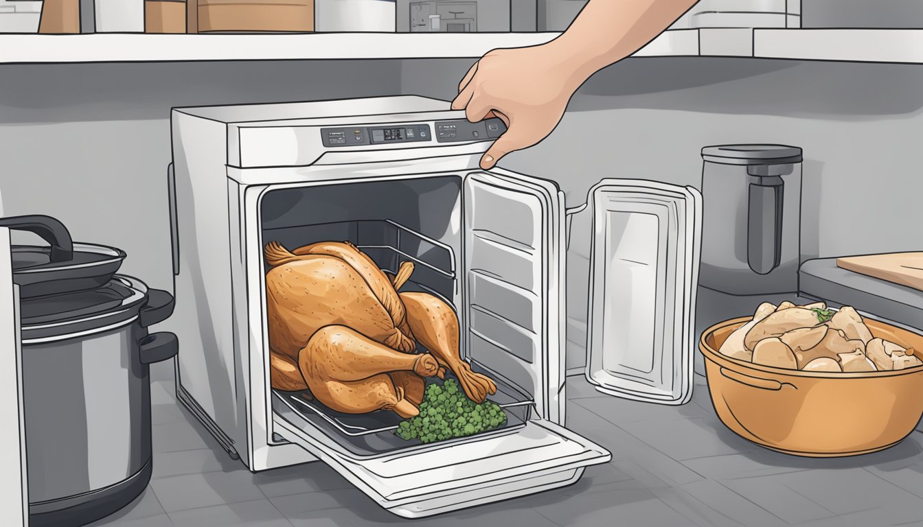 A hand reaching into a fridge, pulling out a package of fresh chicken. Nearby, an Instant Pot sits on the counter, ready to cook