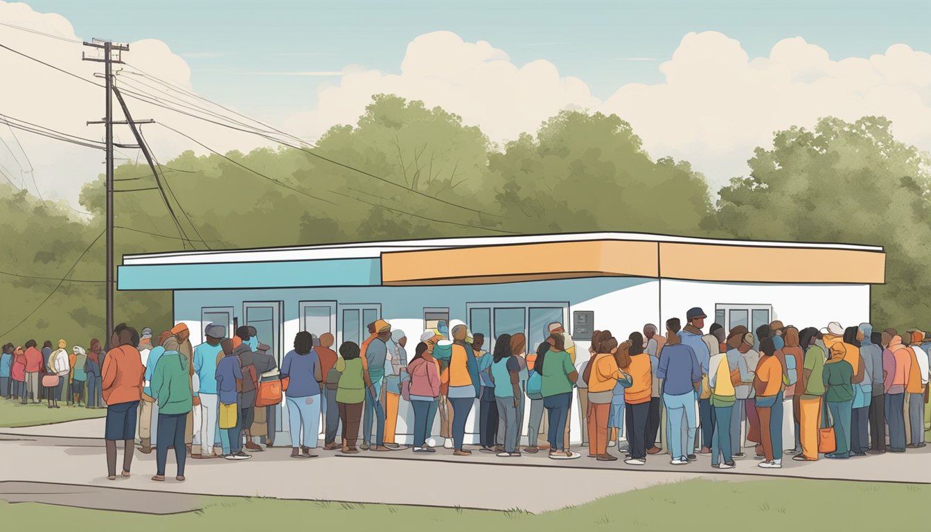 A line of people wait outside a food pantry in Bowie County, Texas. Volunteers distribute free groceries to those in need