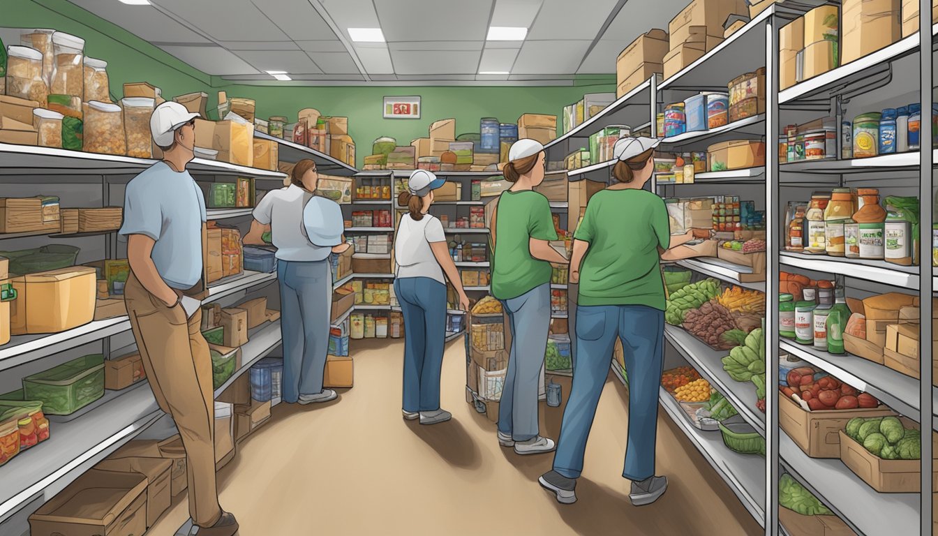 A bustling food pantry in Brown County, Texas, with shelves stocked full of nutritious groceries and volunteers assisting those in need