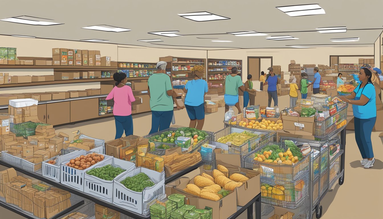 A bustling food pantry in Brown County, Texas, with volunteers distributing free groceries to those in need