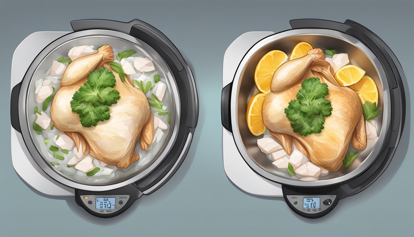 A frozen and fresh chicken in instant pots, cooking simultaneously. The frozen chicken appears harder and icier, while the fresh chicken looks plumper and more vibrant