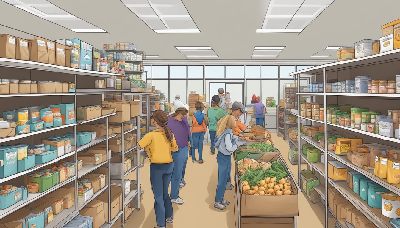 A bustling food pantry in Burnet County, Texas, with volunteers distributing free groceries to those in need