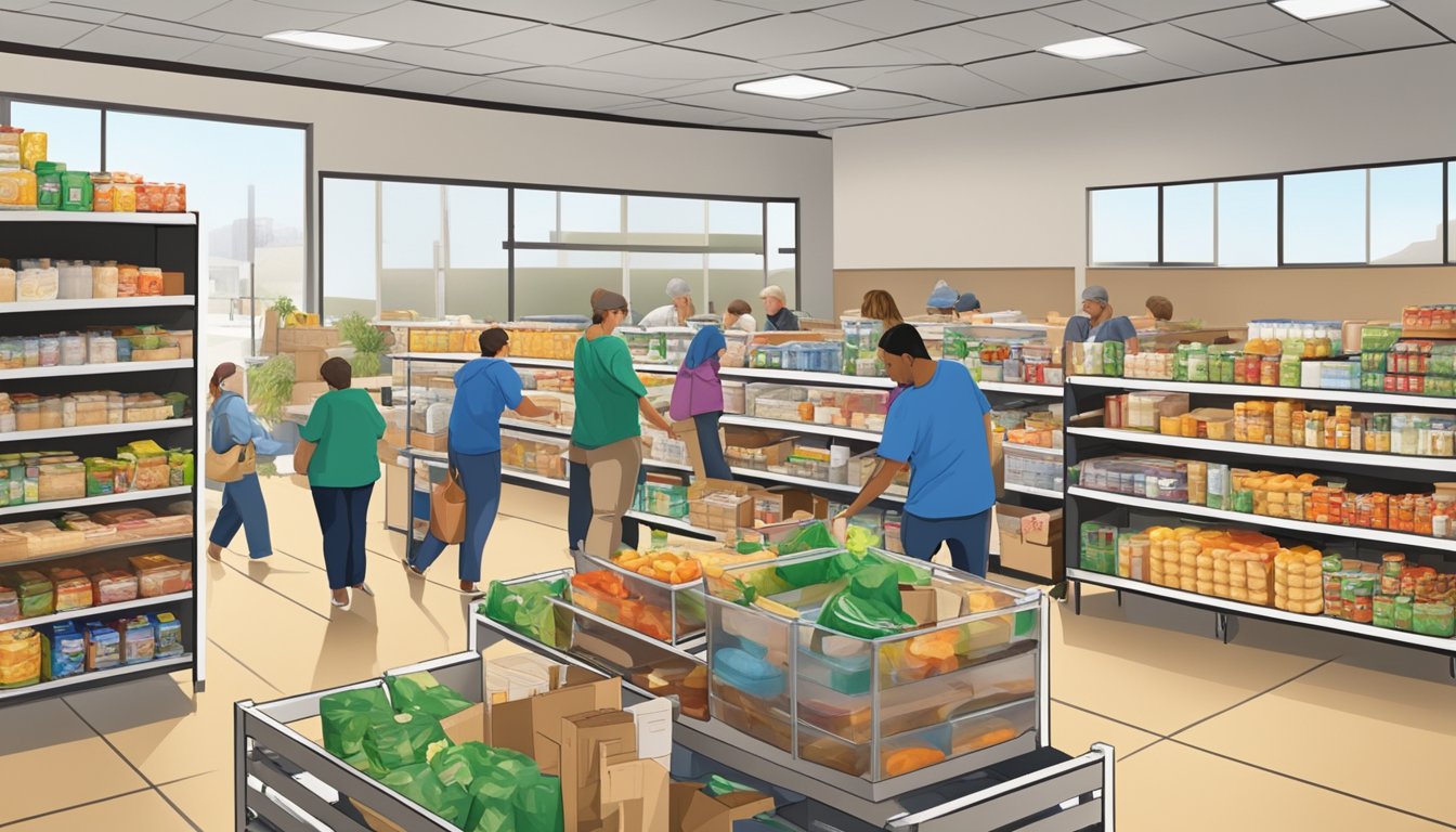 A bustling food pantry in Burnet County, Texas, with shelves stocked full of free groceries and volunteers assisting those in need