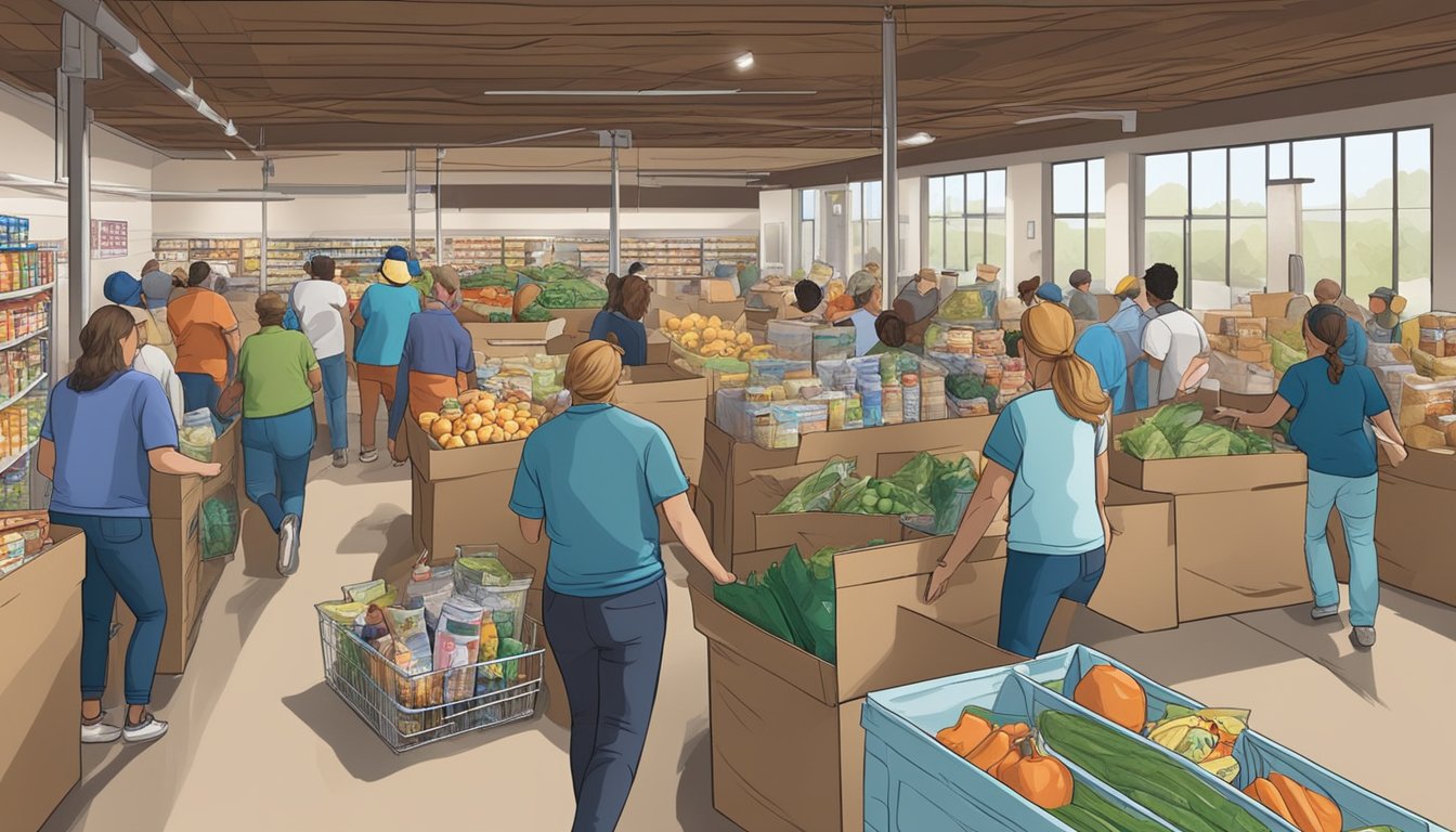 A bustling food pantry in Bailey County, Texas, with volunteers distributing free groceries to those in need