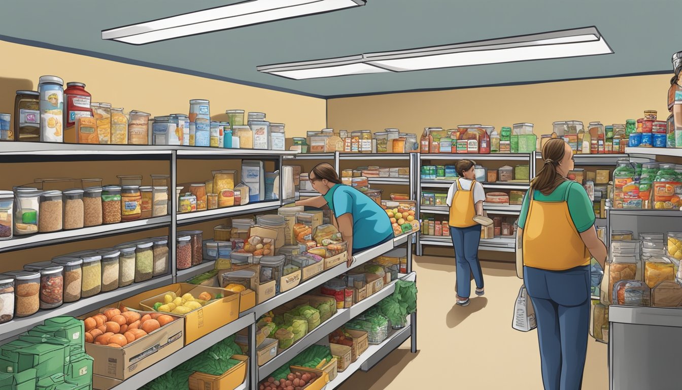 A bustling food pantry in Burnet County, Texas, with shelves stocked with a variety of groceries and volunteers helping those in need