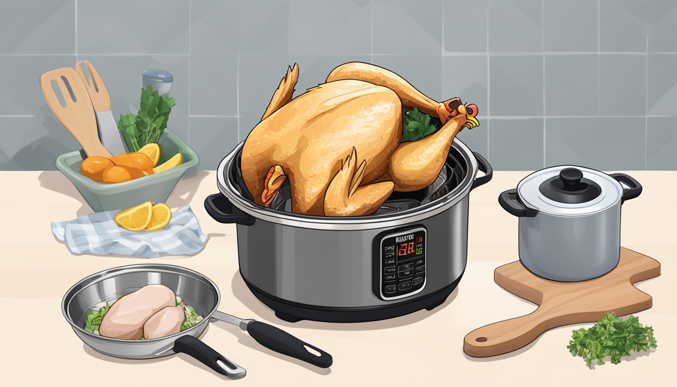 A frozen chicken sits next to a fresh chicken, both placed inside an Instant Pot. The pot is surrounded by various kitchen utensils and safety equipment