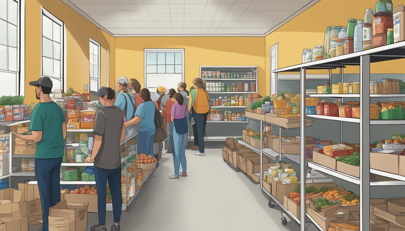 A bustling food pantry in Bailey County, Texas, with shelves stocked full of free groceries and a line of people in need waiting to receive assistance