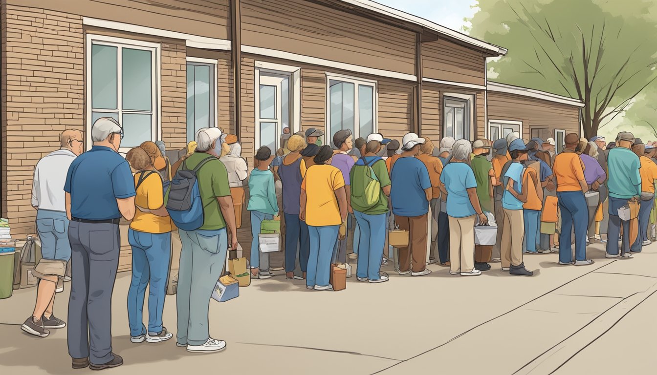 A line of people waiting outside a food pantry in Caldwell County, Texas, with volunteers distributing free groceries to those in need