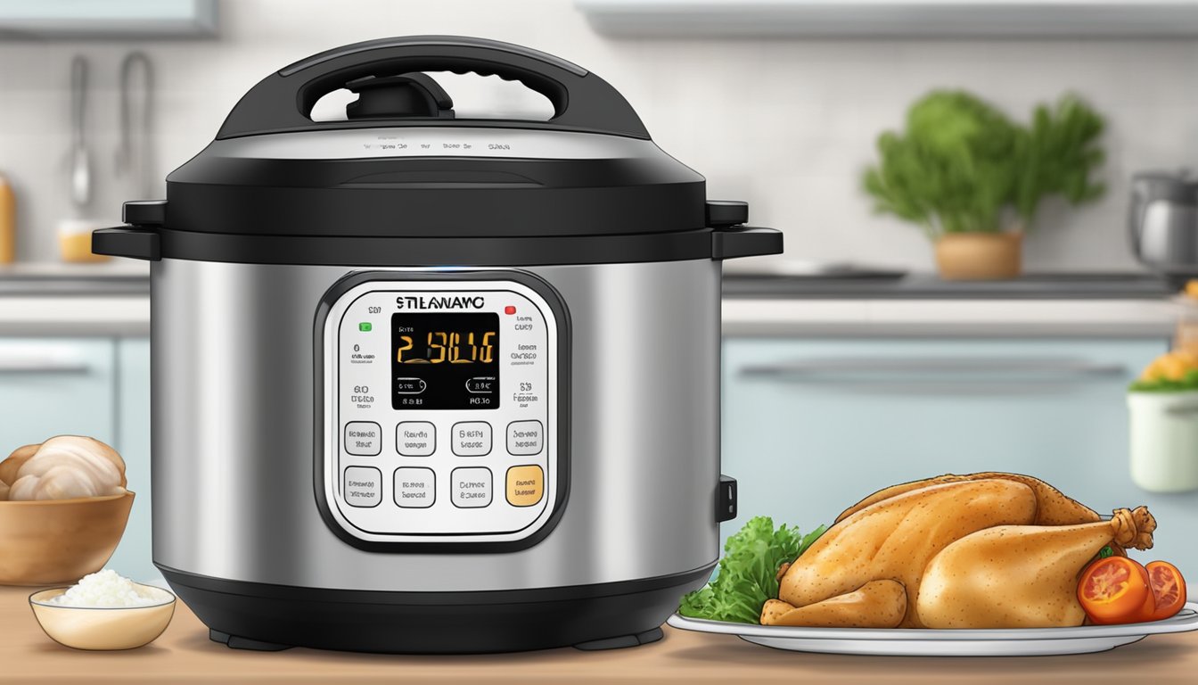 A frozen and fresh chicken in an instant pot, with a timer and steam, illustrating the cooking time and quality comparison