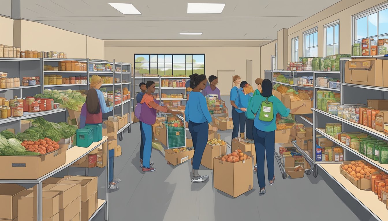 A bustling food pantry in Burnet County, Texas, with volunteers distributing free groceries to those in need