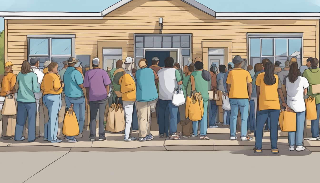 A line of people waits outside a food pantry in Bailey County, Texas. Volunteers hand out bags of groceries to those in need