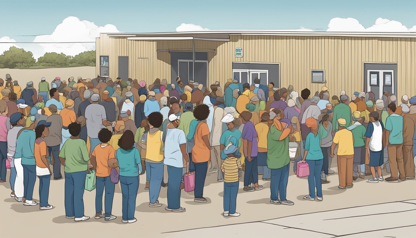 A line of people waiting outside a food pantry in Bailey County, Texas, with volunteers distributing free groceries