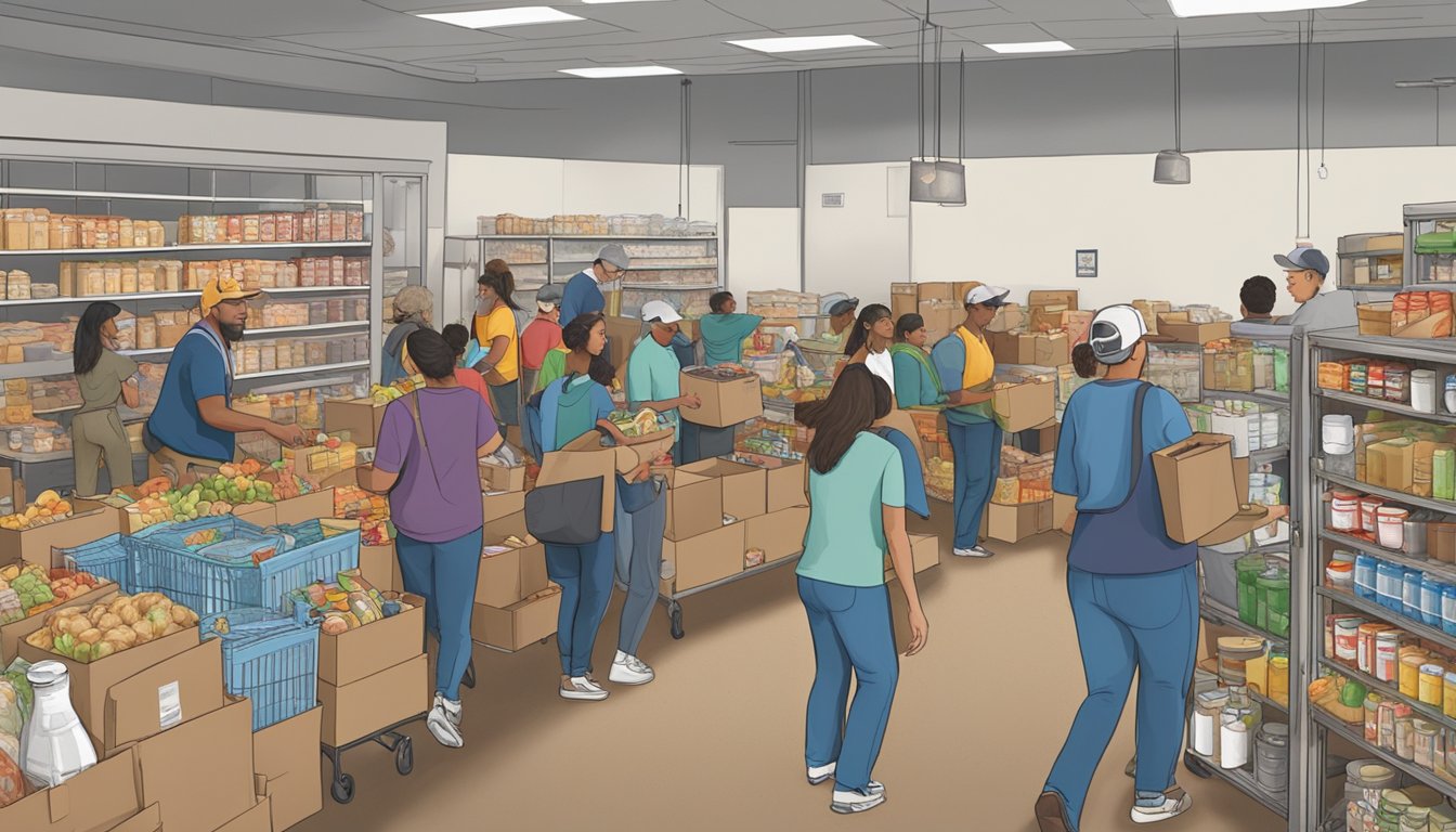 A bustling food pantry in Caldwell County, Texas, with volunteers distributing free groceries to those in need