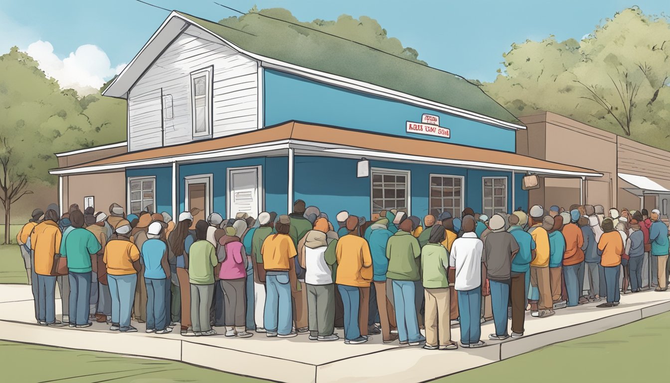 A line of people wait outside a food pantry in Caldwell County, Texas. Volunteers hand out bags of groceries to those in need