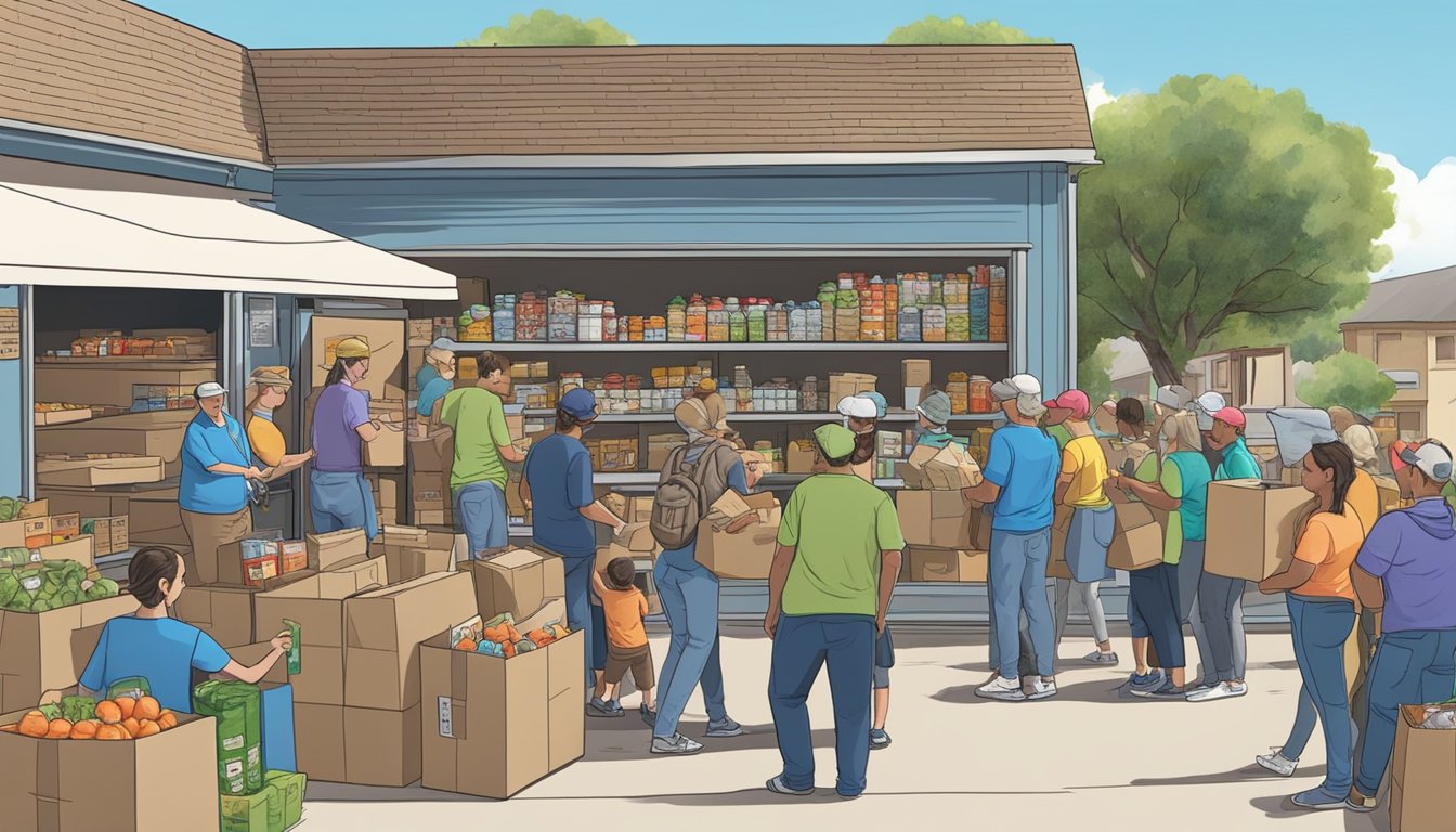 A bustling food pantry in Caldwell County, Texas, with volunteers distributing free groceries to those in need