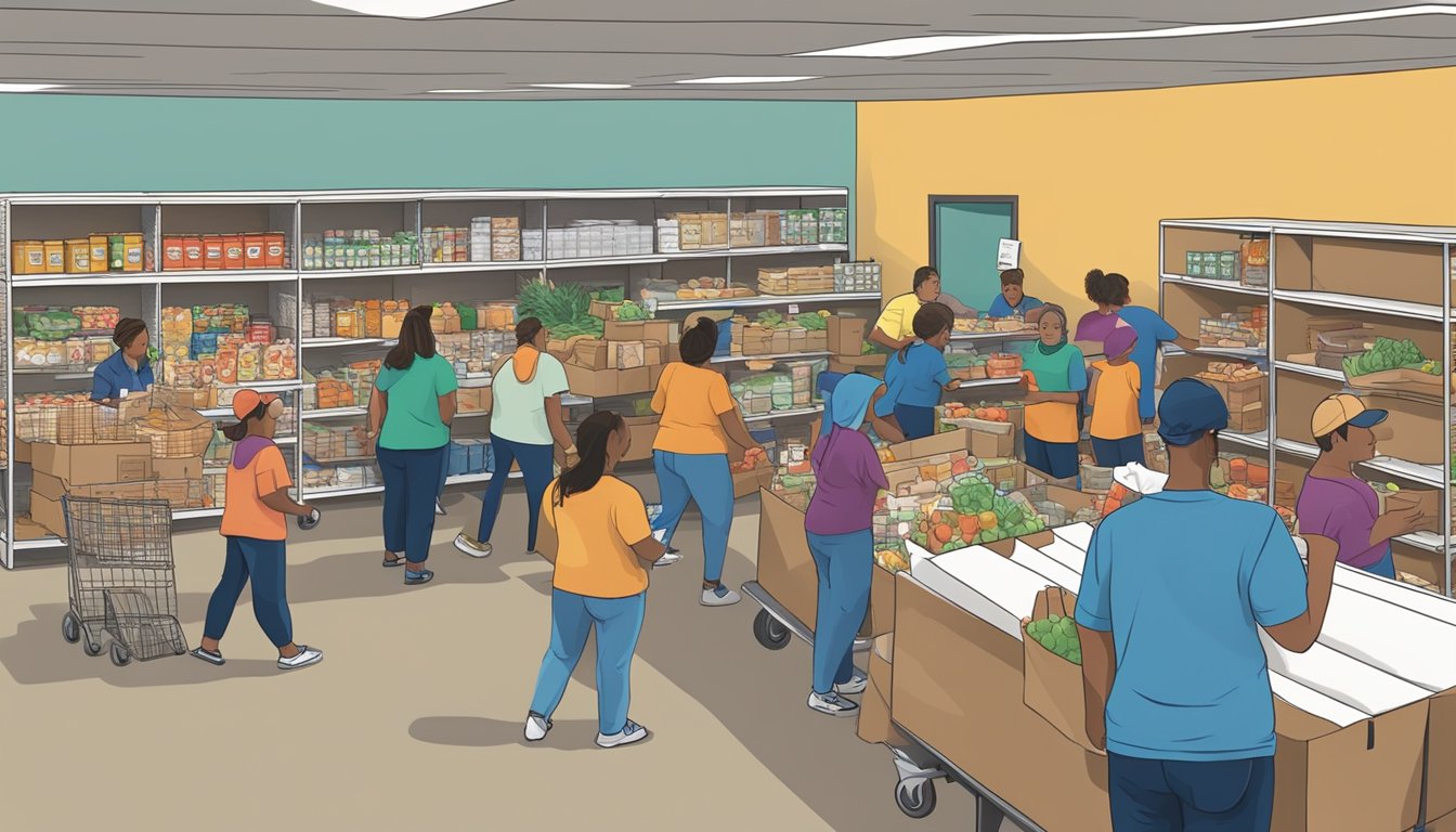 A bustling food pantry in Caldwell County, Texas, with volunteers distributing free groceries to those in need