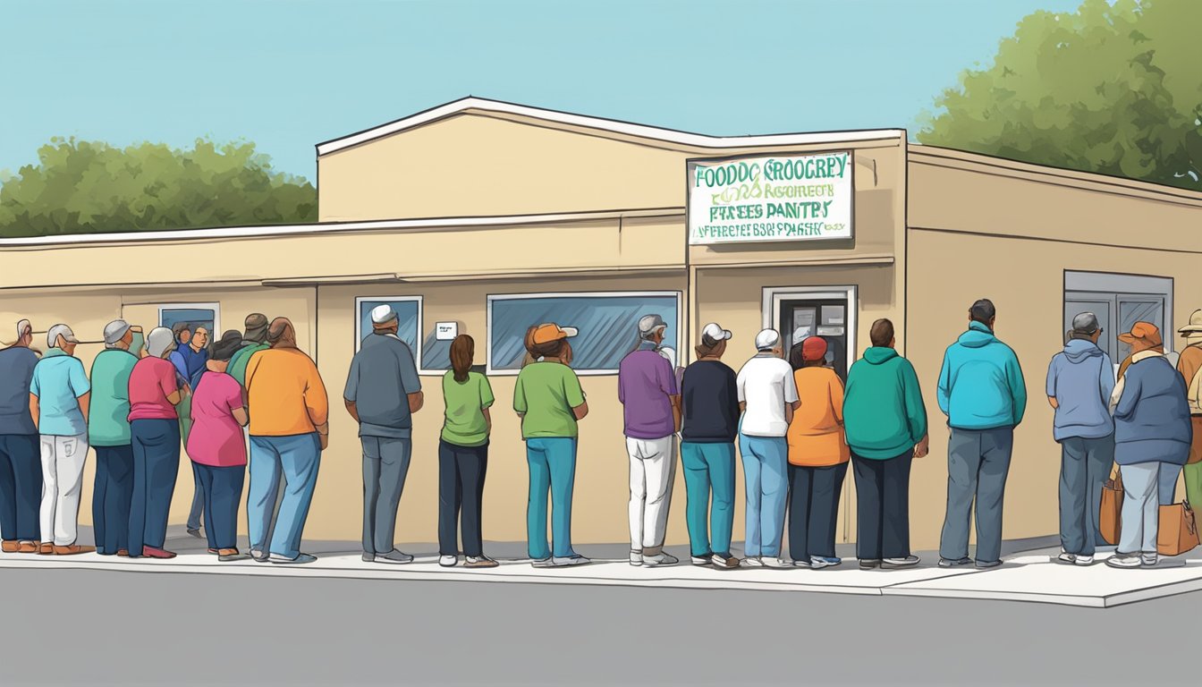 A line of people waiting for free groceries at a food pantry in Burnet County, Texas